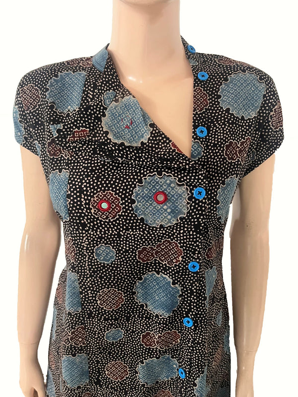 Ajrakh Cotton Triangle neck A Line Kurta with Mirror Details & Mega Sleeves with Pocket, Black, KA1053