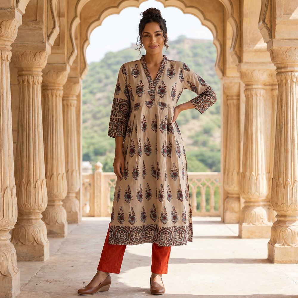 Ajrakh Cotton V Collar Pleated Kurta, Ivory , KA1054