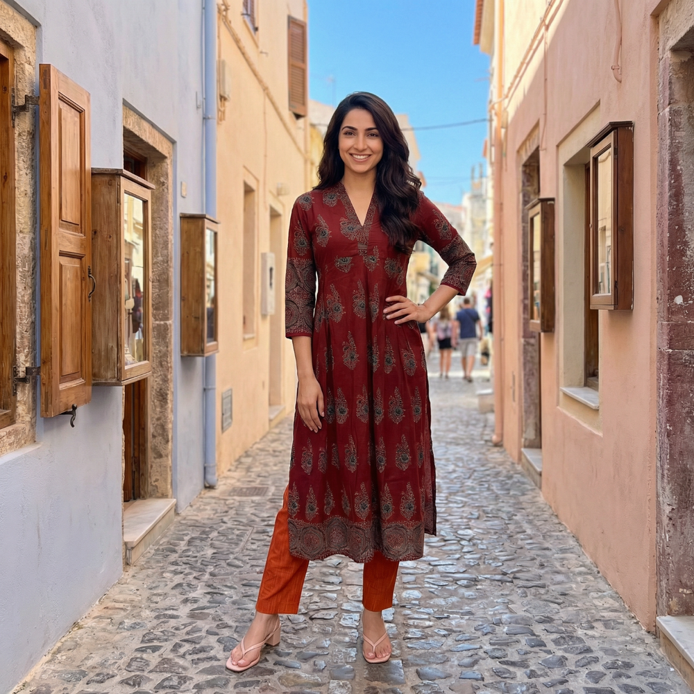 Ajrakh Cotton  V Collar Pleated Kurta, Maroon, KA1055