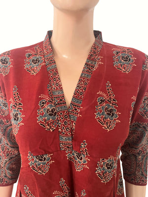 Ajrakh Cotton  V Collar Pleated Kurta with Pocket , Maroon, KA1055