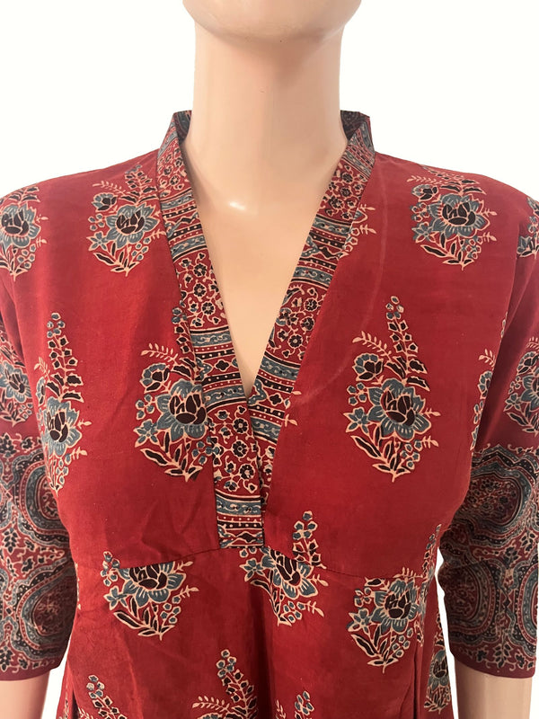 Ajrakh Cotton  V Collar Pleated Kurta with Pocket , Maroon, KA1055