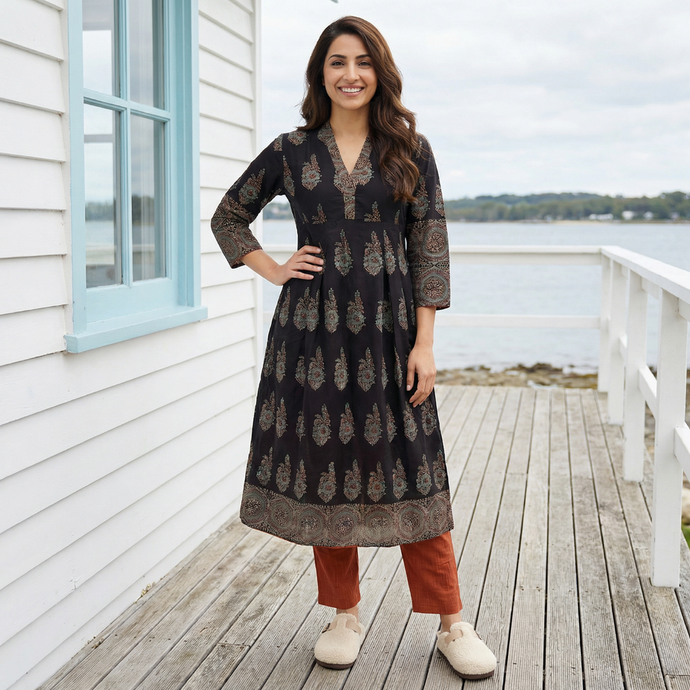 Ajrakh Cotton V Collar Pleated Kurta, Black , KA1056