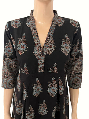 Ajrakh Cotton V Collar Pleated Kurta with Pockets , Black , KA1056