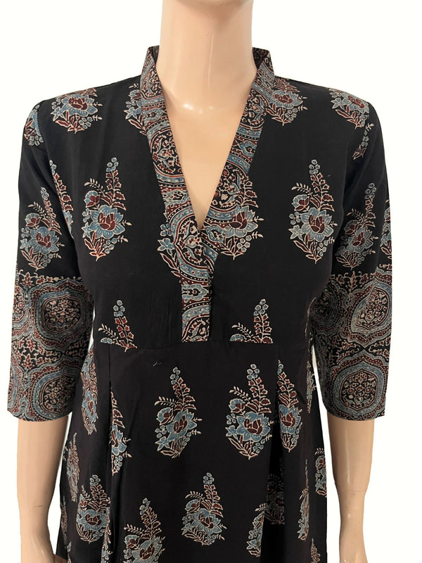 Ajrakh Cotton V Collar Pleated Kurta with Pockets , Black , KA1056