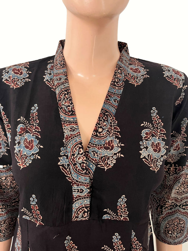 Ajrakh Cotton V Collar Pleated Kurta with Pockets , Black , KA1056