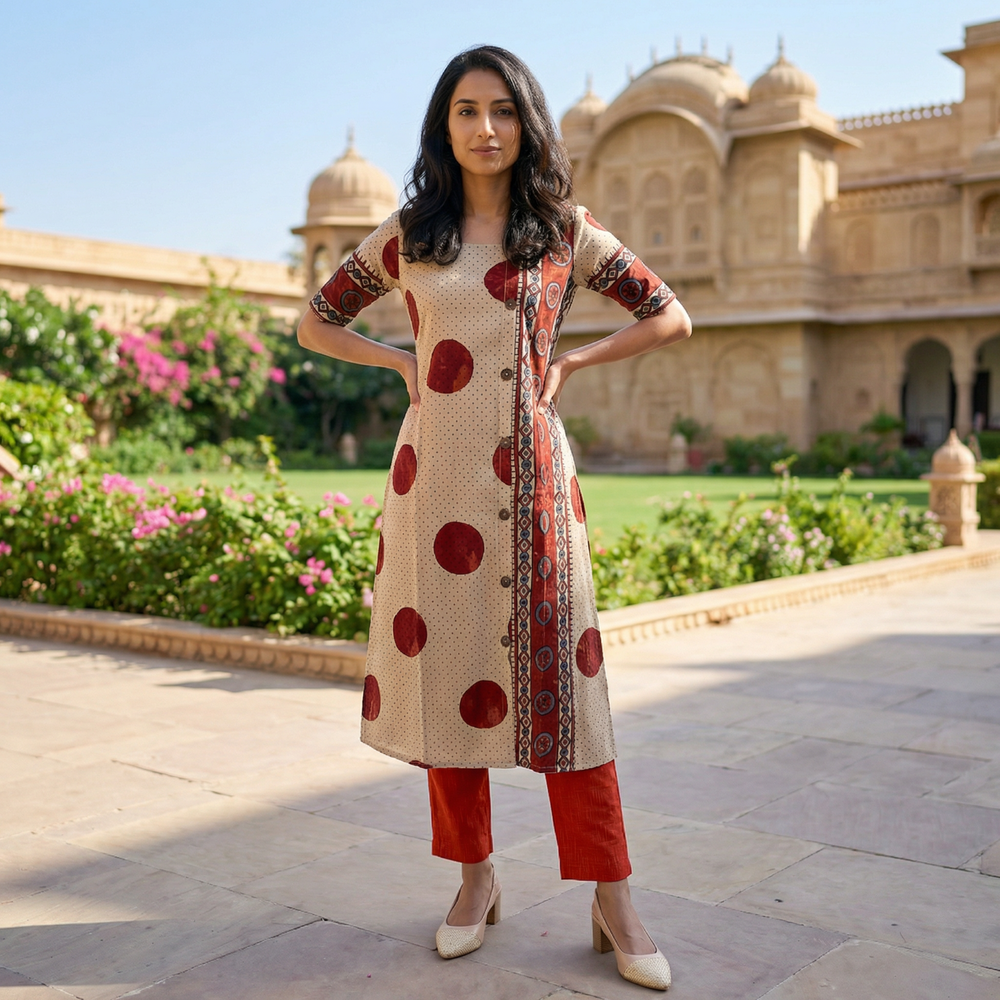 Ajrakh Cotton Straight Cut Kurta with Square Neck and Half Sleeves, Ivory , KA1057