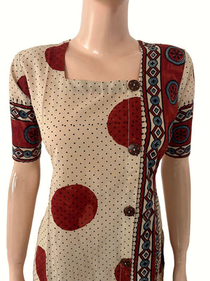 Ajrakh Cotton Straight Cut Kurta with Square Neck and Half Sleeves with Pockets, Ivory , KA1057