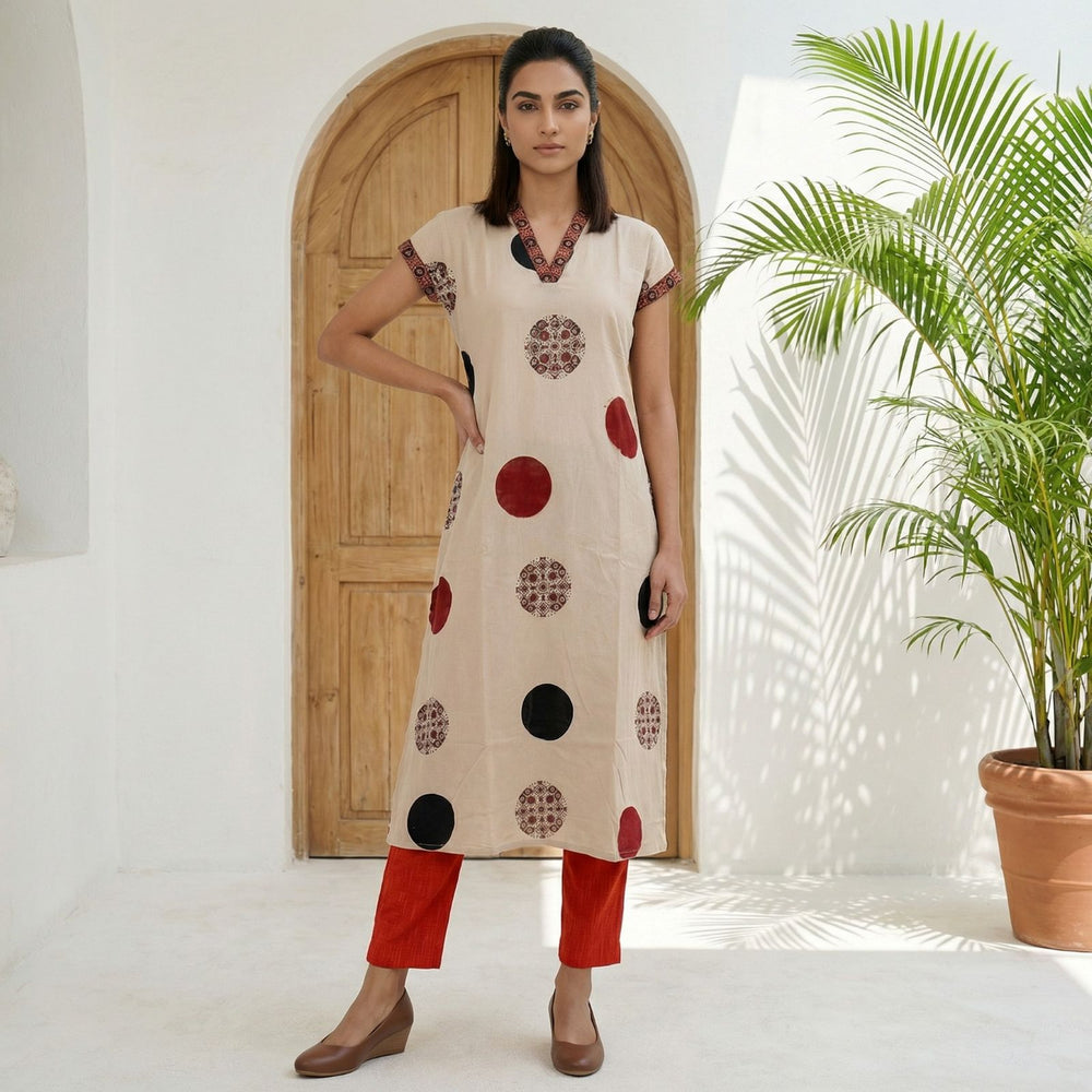 Ajrakh Cotton A Line Kurta with V Collar and Mega Sleeves, Ivory , KA1058