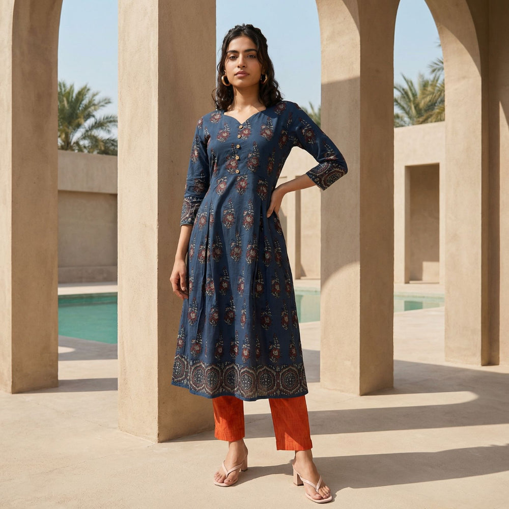 Ajrakh Cotton Sweetheart neck Pleated Kurta with Wooden Button Details, Indigo Blue , KA1059
