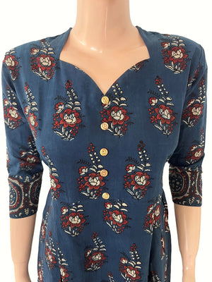 Ajrakh Cotton Sweetheart neck Pleated Kurta with Wooden Button Details & Pocket , Indigo Blue , KA1059