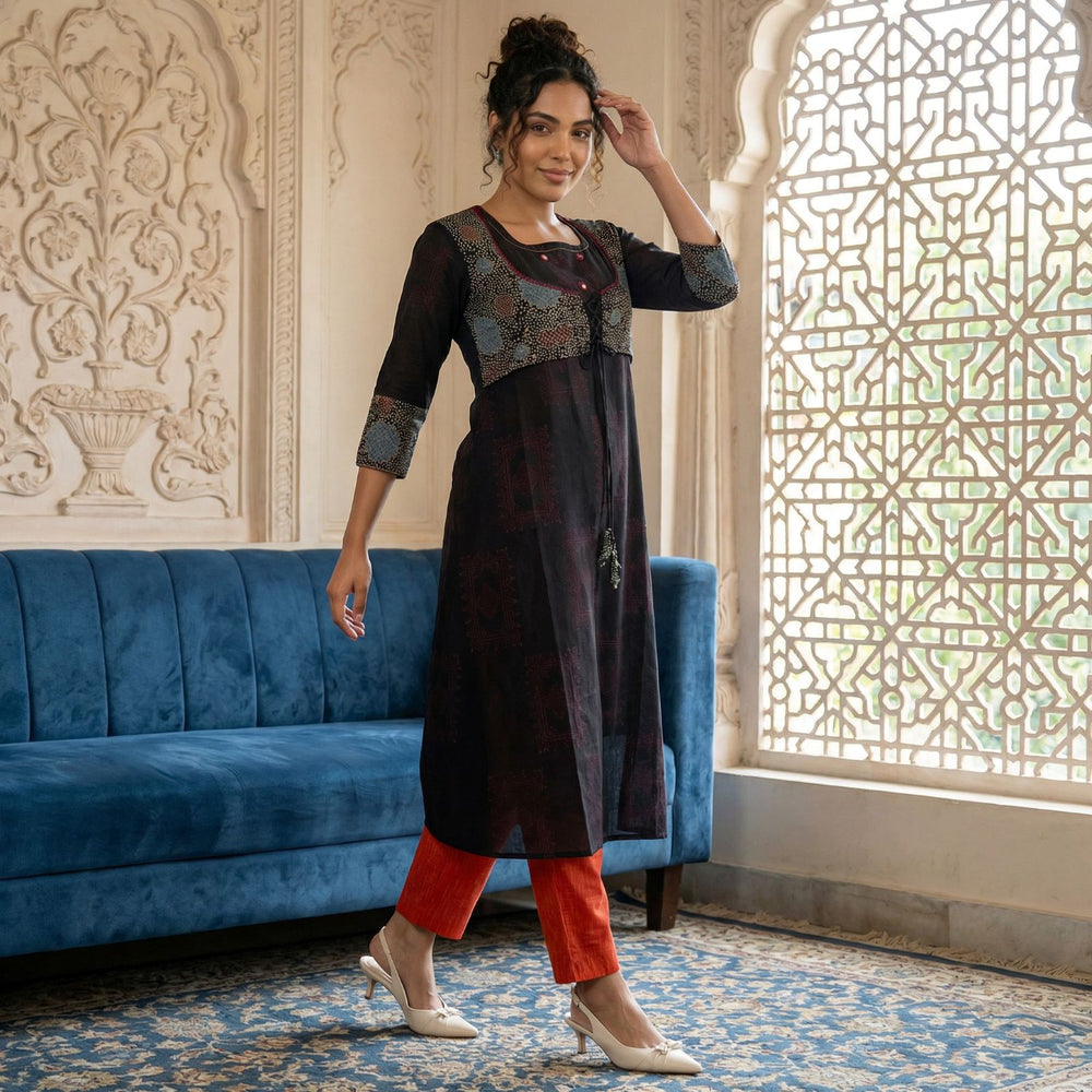 Ajrakh Cotton Round neck Jacket Style A Line Kurta with Mirror Details, Black, KA1060