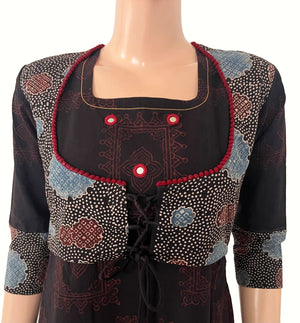 Ajrakh Cotton Round neck Jacket Style A Line Kurta with Mirror Details & Pocket , Black, KA1060