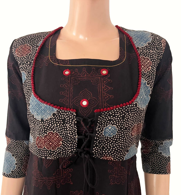 Ajrakh Cotton Round neck Jacket Style A Line Kurta with Mirror Details & Pocket , Black, KA1060
