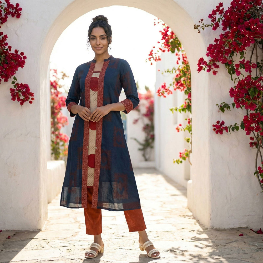 Ajrakh Cotton A Line Kurta with Mandarin Collar and Border Details, Indigo Blue, KA1061
