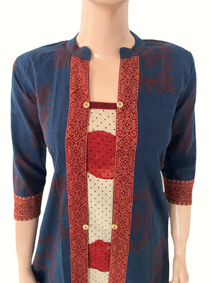 Ajrakh Cotton A Line Kurta with Mandarin Collar and Border Details & Pocket , Indigo Blue, KA1061