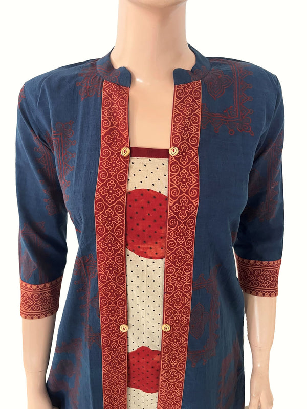 Ajrakh Cotton A Line Kurta with Mandarin Collar and Border Details & Pocket , Indigo Blue, KA1061