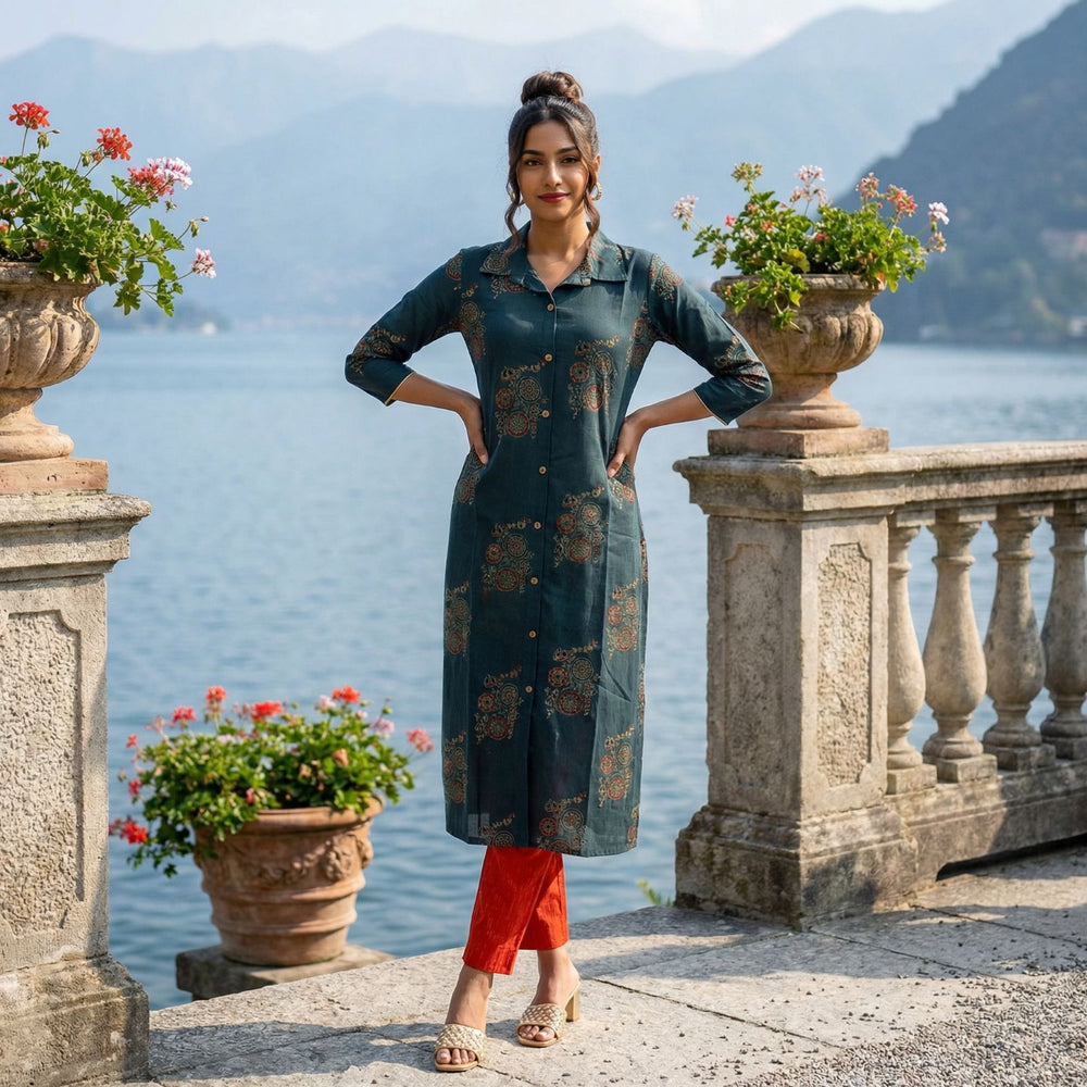 Ajrakh Cotton  Straight Cut  Kurta with Shirt Collar & Wooden Button Details, Green, KA1062