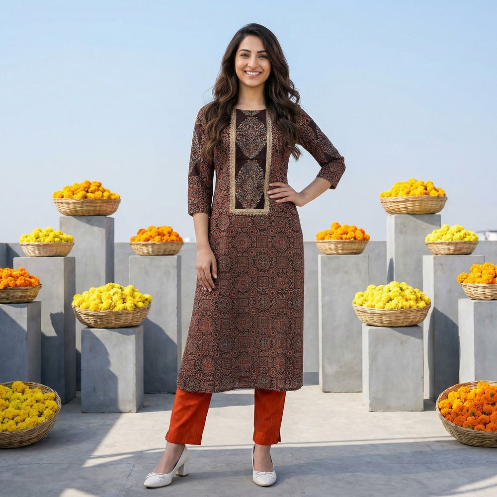Ajrakh Cotton  Straight Cut  Kurta with Shirt Collar & Lace Details, Brown, KA1063