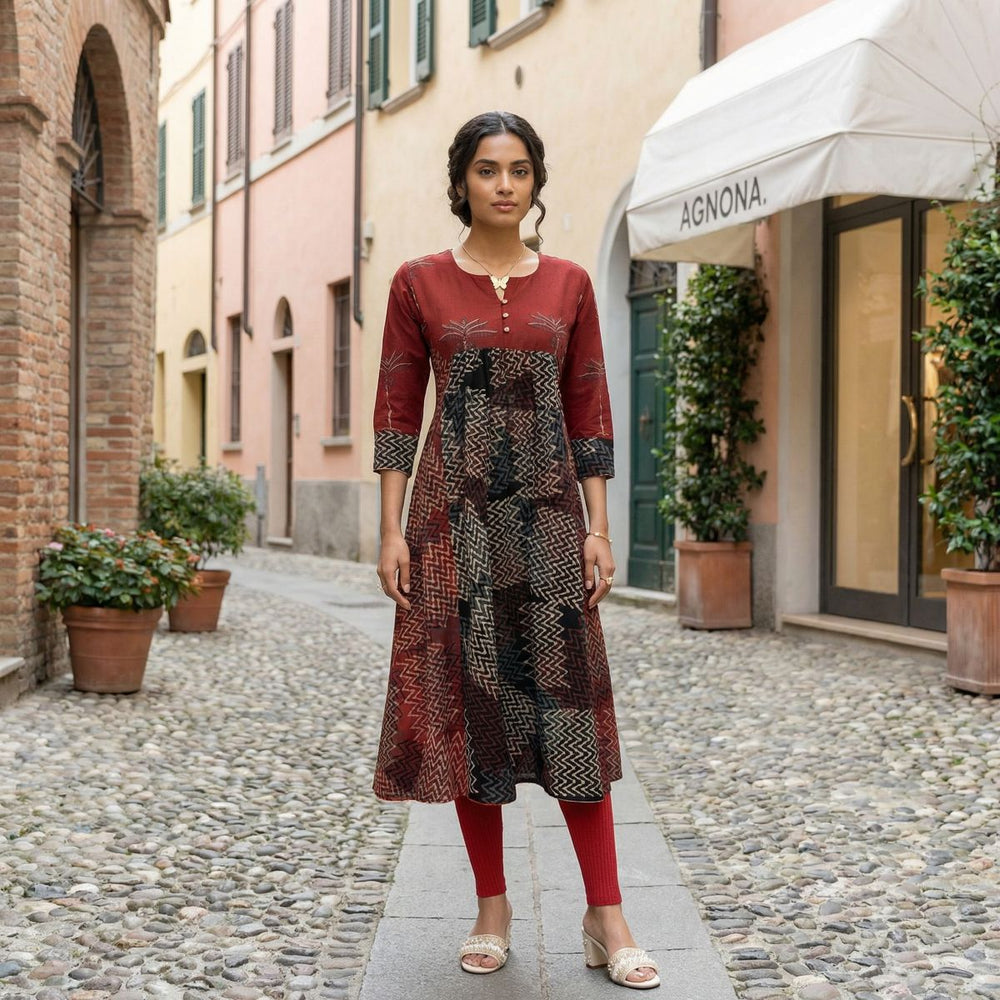 Ajrakh  Cotton , Pleated Kurta ,Maroon-Black  KA1043