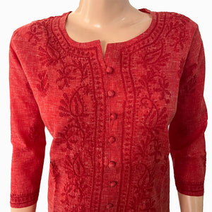Copy of Slub Cotton  Chikankari Straight cut Kurta,  Brick Red, KC1027