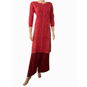 Copy of Slub Cotton  Chikankari Straight cut Kurta,  Brick Red, KC1027