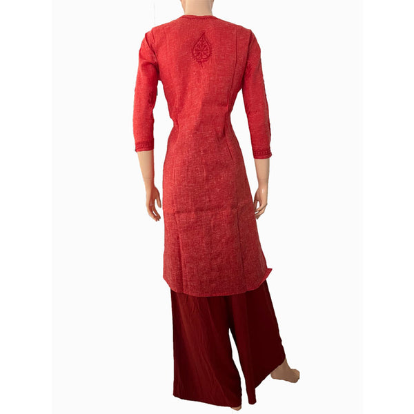 Copy of Slub Cotton  Chikankari Straight cut Kurta,  Brick Red, KC1027