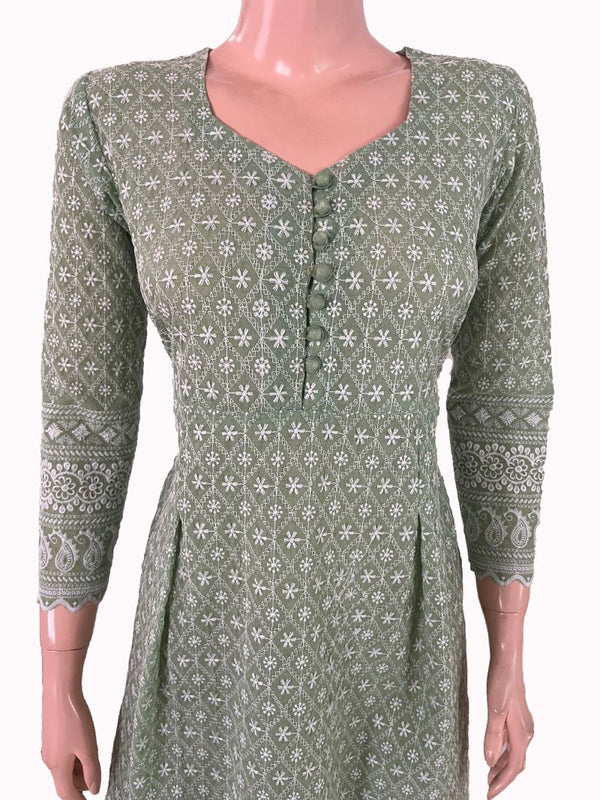 Fully Embroidered Chikankari Inspired Sweetheart Neck Pleated Kurta, Pastal Green, KW1048