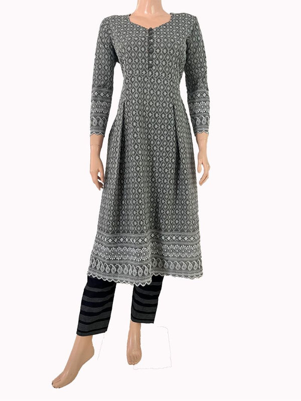 Fully Embroidered Chikankari Inspired Sweetheart Neck Pleated Kurta, Grey, KW1047