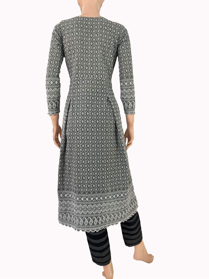 Fully Embroidered Chikankari Inspired Sweetheart Neck Pleated Kurta, Grey, KW1047