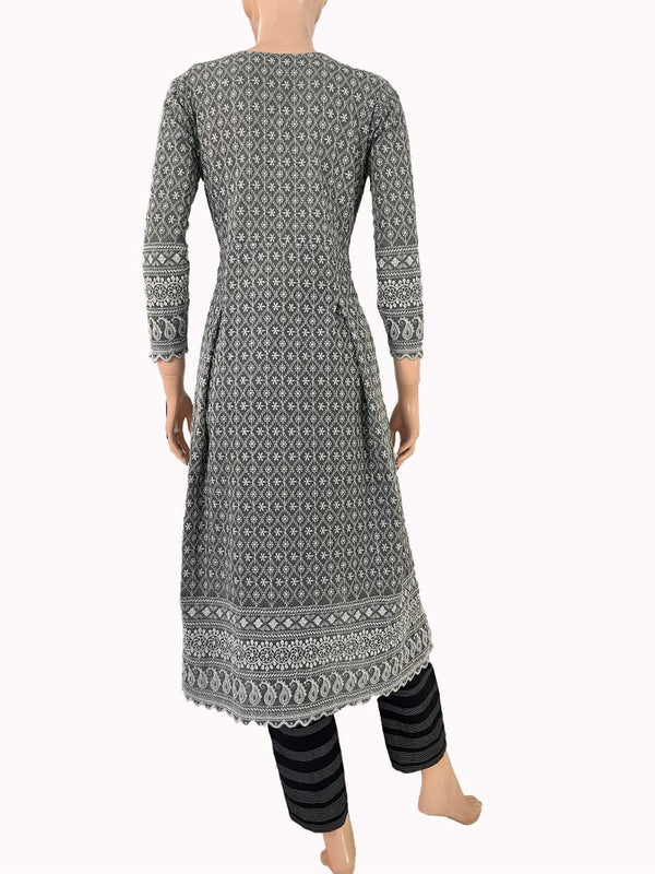 Fully Embroidered Chikankari Inspired Sweetheart Neck Pleated Kurta, Grey, KW1047
