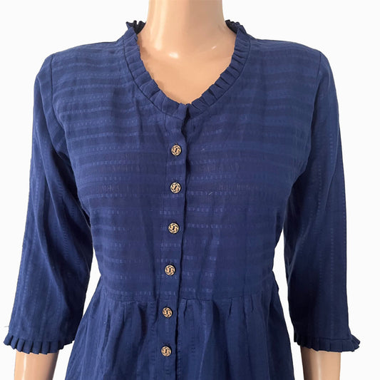 Woven Cotton Self Striped Short Kurta with Pleats & Wooden Button Details,,   Deep blue,  KH1072