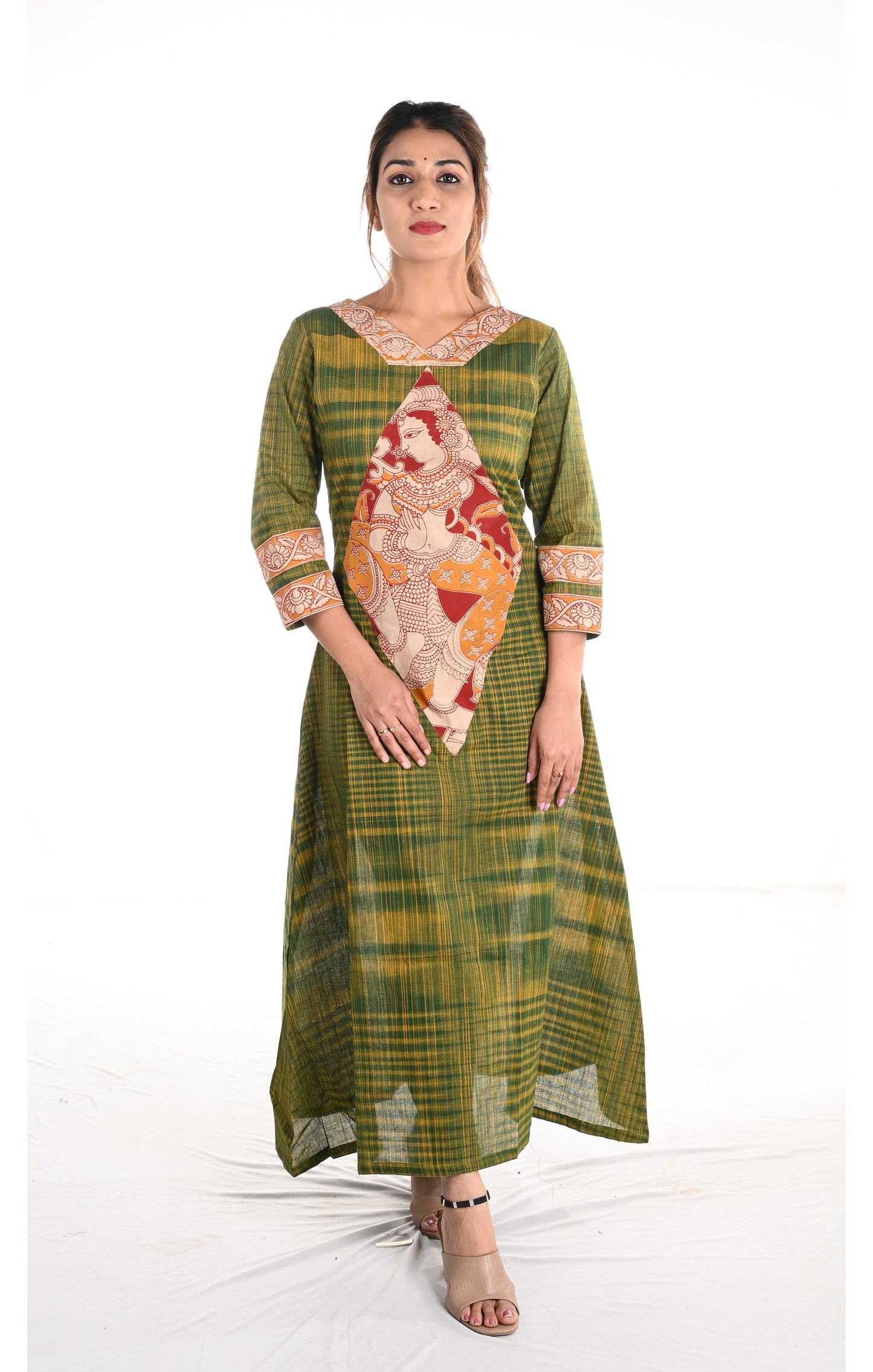 Woven Cotton A line Kurta with V neck & Kalamkari Patches,,  Green,  KH1073