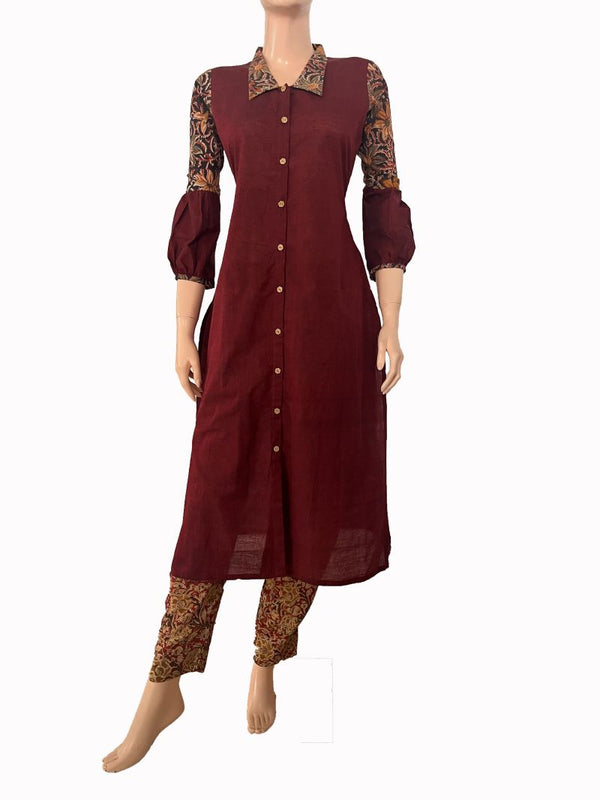 Handloom South Cotton Straight cut Kurti with Kalamkari Patches & Collar neck, Maroon,  KH1075