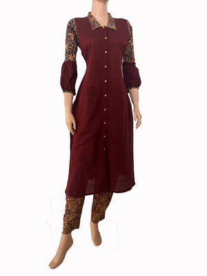 Handloom South Cotton Straight cut Kurti with Kalamkari Patches & Collar neck, Maroon,  KH1075