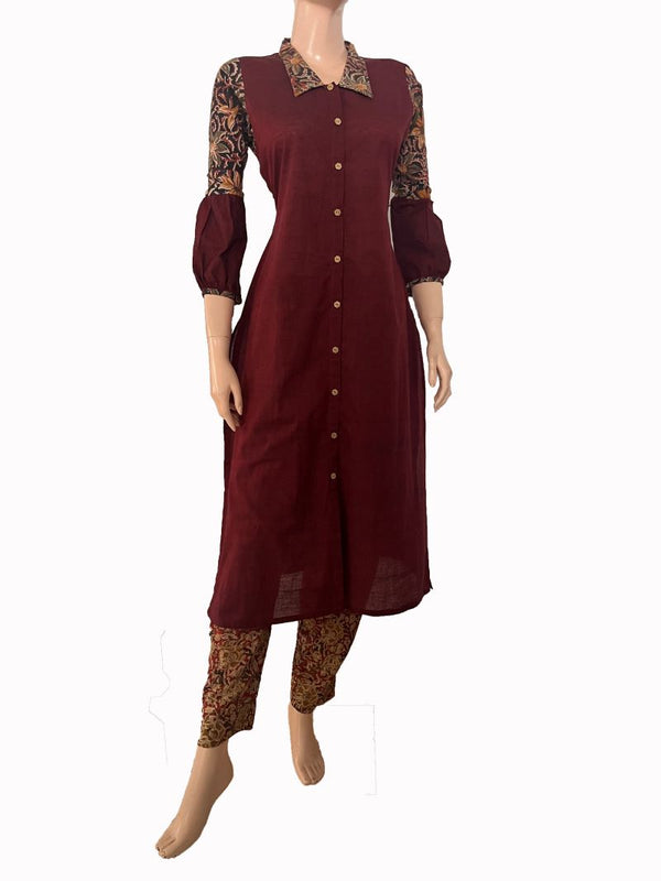 Handloom South Cotton Straight cut Kurti with Kalamkari Patches & Collar neck, Maroon,  KH1075