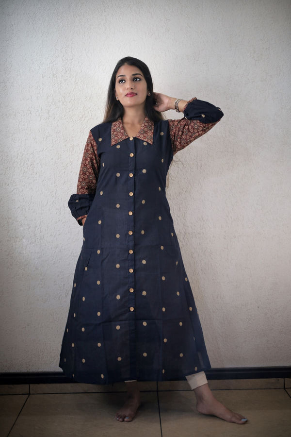 Handloom Cotton A Line Kurta with Ajrakh Collar & Sleeves with Wooden Button Details, Navy Blue ,  KH1086
