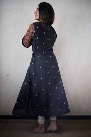 Handloom Cotton A Line Kurta with Ajrakh Collar & Sleeves with Wooden Button Details, Navy Blue ,  KH1086