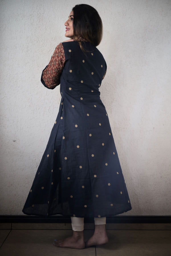 Handloom Cotton A Line Kurta with Ajrakh Collar & Sleeves with Wooden Button Details, Navy Blue ,  KH1086