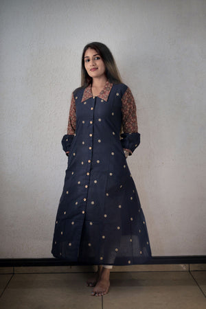 Handloom Cotton A Line Kurta with Ajrakh Collar & Sleeves with Wooden Button Details, Navy Blue ,  KH1086
