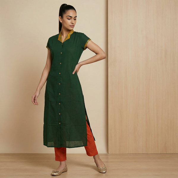Pure Cotton Straight Cut Kurta with Ajrakh Collar, Mega Sleeves & Wooden Button Details with Pockets, Green, KH1089