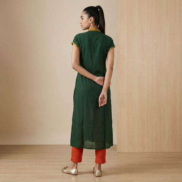 Pure Cotton Straight Cut Kurta with Ajrakh Collar, Mega Sleeves & Wooden Button Details with Pockets, Green, KH1089