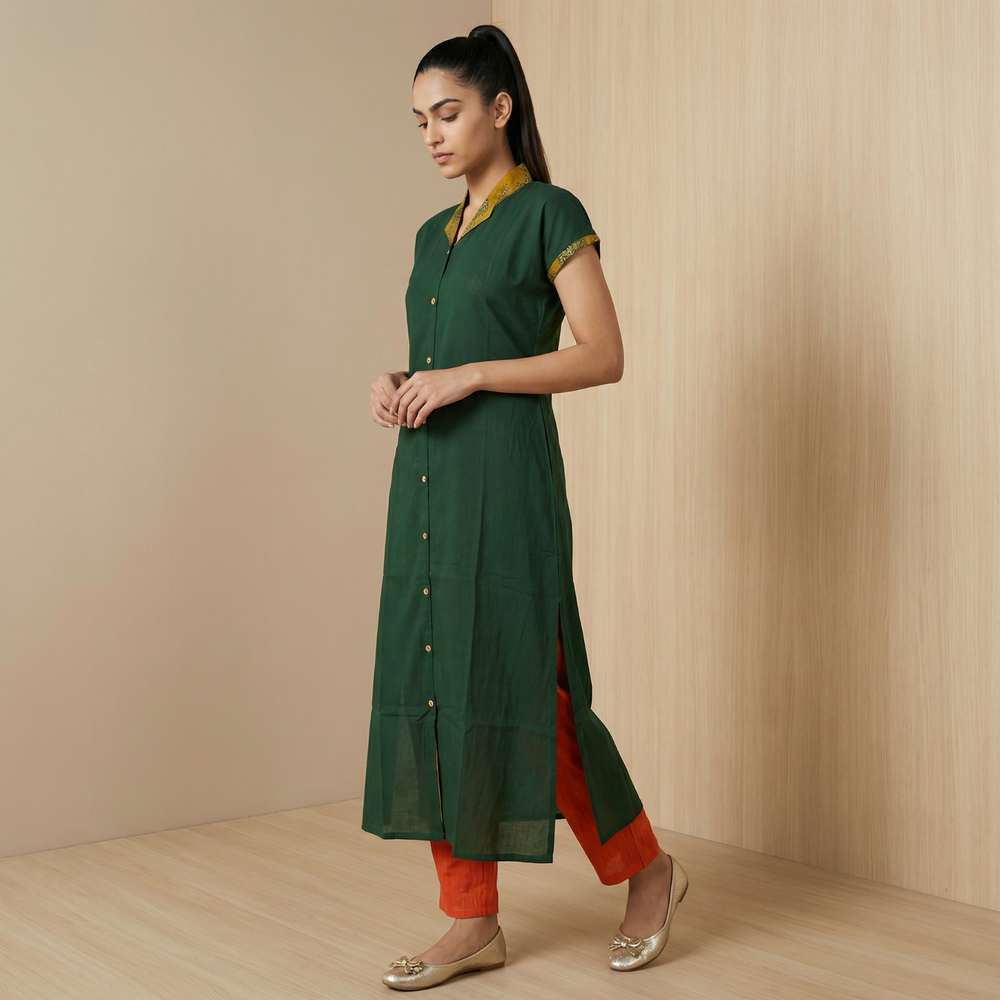 Pure Cotton Straight Cut Kurta with Ajrakh Collar, Mega Sleeves & Wooden Button Details, Green, KH1089
