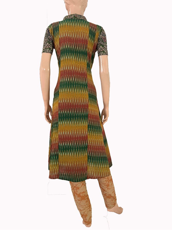 Ikat Cotton Shirt Collar Paneled Kurta with Kalamkari Patches & Short Sleeves, Multicolor KI1035