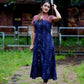 Ikat - Ajrakh Cotton A- line Kurta  with Shirt collar, Mega Sleeves & Wooden Button Details,  Navyblue- Orange, KI1034