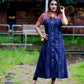 Ikat - Ajrakh Cotton A- line Kurta  with Shirt collar, Mega Sleeves & Wooden Button Details,  Navyblue- Orange, KI1034