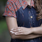 Ikat - Ajrakh Cotton A- line Kurta  with Shirt collar, Mega Sleeves & Wooden Button Details,  Navyblue- Orange, KI1034