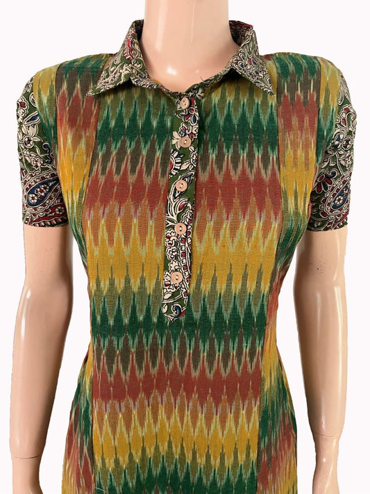 Ikat Cotton Shirt Collar Paneled Kurta with Kalamkari Patches & Short Sleeves, Multicolor KI1035