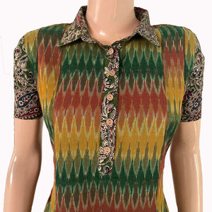 Ikat Cotton Shirt Collar Paneled Kurta with Kalamkari Patches & Short Sleeves, Multicolor KI1035