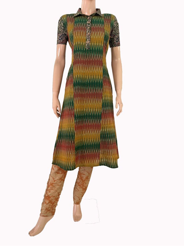 Ikat Cotton Shirt Collar Paneled Kurta with Kalamkari Patches & Short Sleeves, Multicolor KI1035