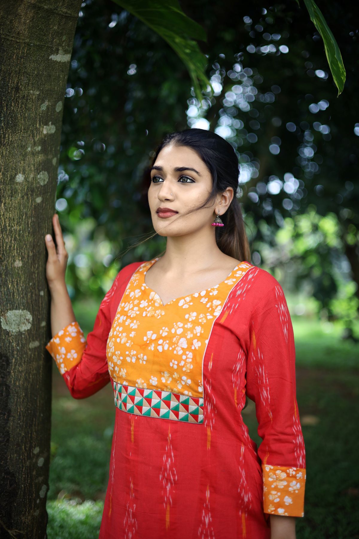 Ikat Cotton  Y Neck A line Kurta with Bathik Cotton Patches and Phoolkari Lace Details, Red, KI1038